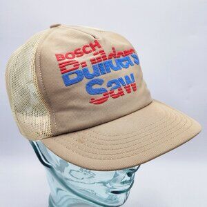 Vintage Bosch Builders Saw Mesh Trucker Hat Adjustable Snapback Beige with Red &